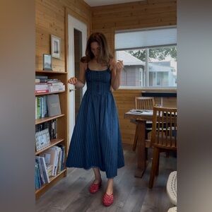 Moon River Strap Bow Detail Denim Midi Dress